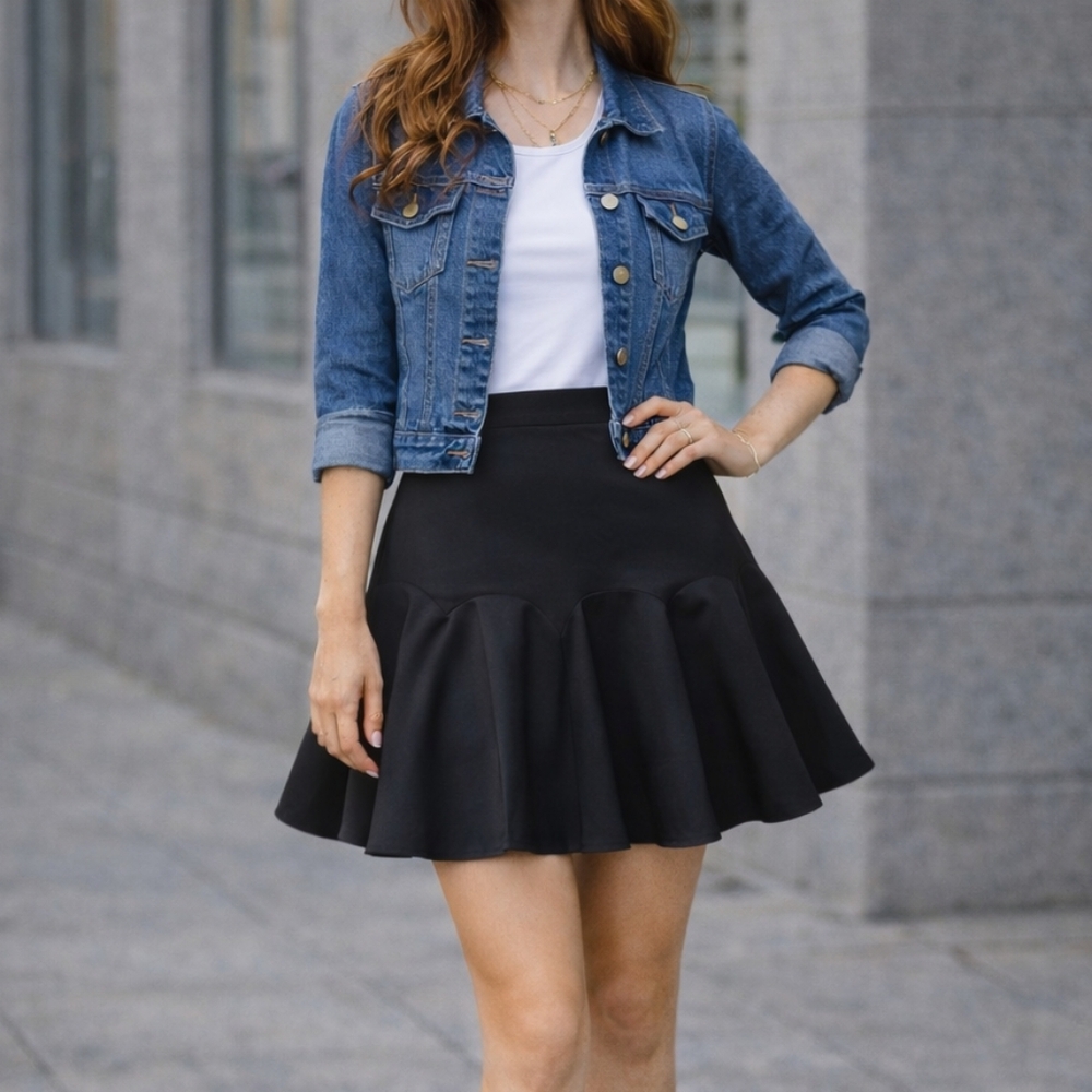 Elevenses Anthropologie Black Flared A-Line Midi Skirt with Heart Print Lining